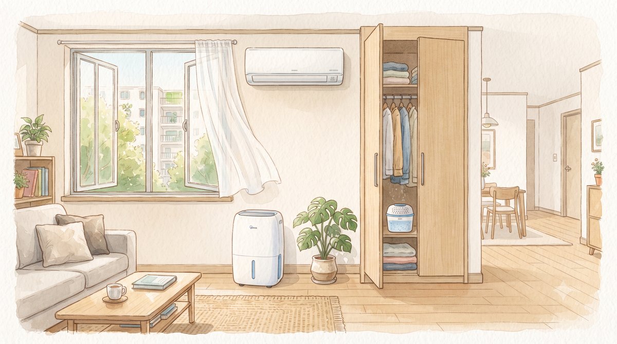 열린 창문과 벽걸이 에어컨, 바닥에 놓인 제습기, 옷장 안 제습제 통을 나란히 그린 수채화 그림