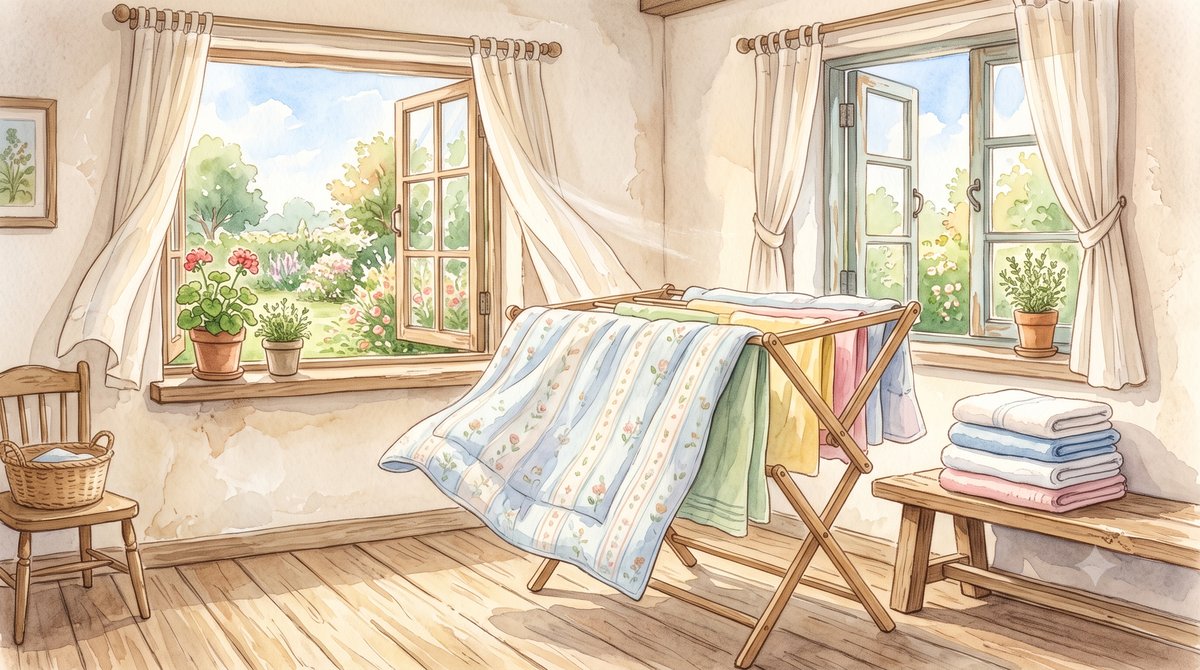 창을 열어 둔 밝은 방에서 여름 이불과 수건을 건조대에 넓게 펼쳐 바람을 쐬어 주는 모습을 따뜻한 색감의 수채화로 표현한 그림