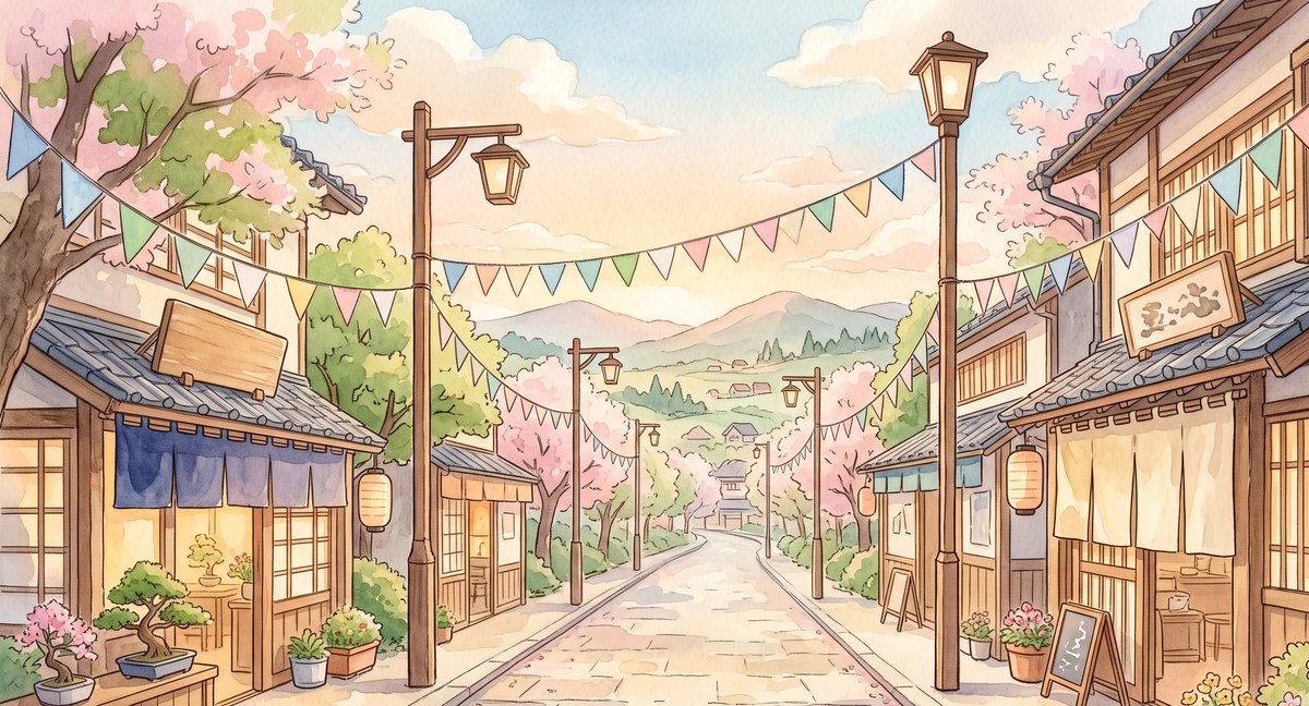 이른 아침 일본 소도시의 좁은 거리 위로 작은 삼각 깃발 줄이 걸려 있고 목조 상점과 가로등, 연분홍 꽃나무가 길을 따라 이어지는 수채화 일러스트