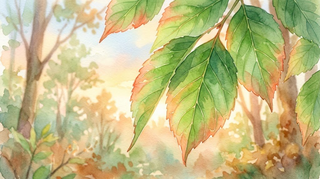 햇빛을 받은 초록 잎들 가장자리에서 아주 희미한 붉은 빛이 번지는 모습을 그린 수채화 일러스트