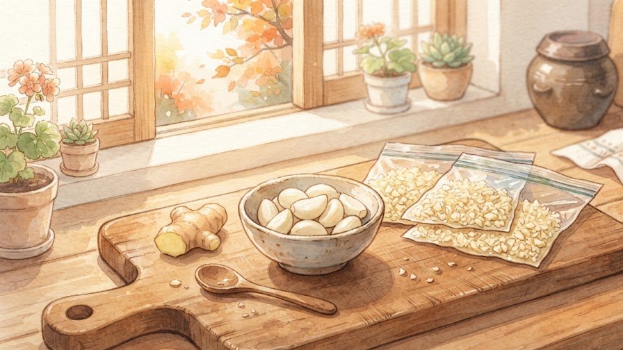 나무 도마 위에 깐 마늘과 다진 마늘을 납작하게 펴 담은 지퍼백, 껍질 벗긴 생강 조각이 놓인 늦가을 부엌을 그린 수채화 그림