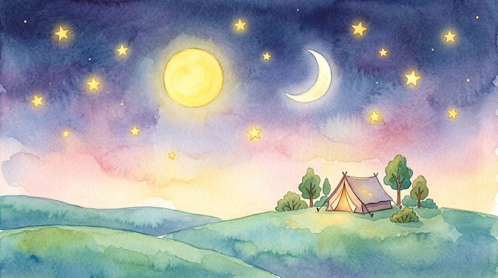 고요한 밤하늘에 해와 달과 여러 별이 함께 떠 있고 그 아래 낮은 언덕과 작은 장막이 보이는 수채화
