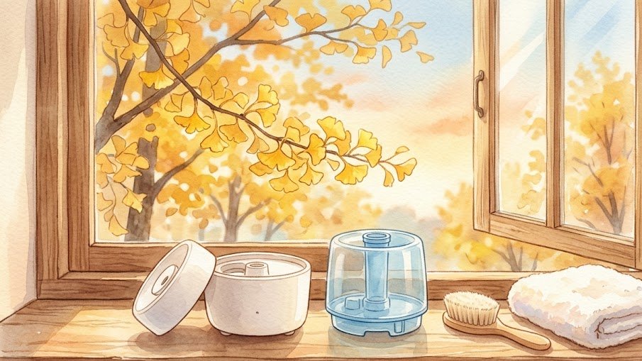 가을 창가 선반 위에 뚜껑을 연 흰 가습기 본체와 분리한 물통, 솔과 마른 수건이 놓인 수채화 일러스트