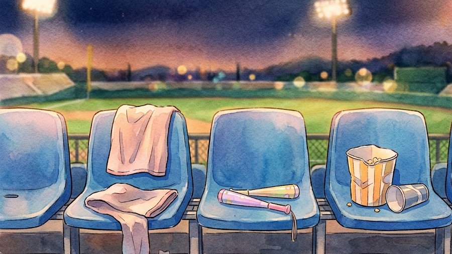 경기가 끝난 가을밤 야구장 파란 플라스틱 관중석 위에 접은 응원 수건과 응원 방망이, 팝콘 통이 놓여 있고 뒤로 조명이 켜진 그라운드가 흐릿하게 보이는 수채화 일러스트