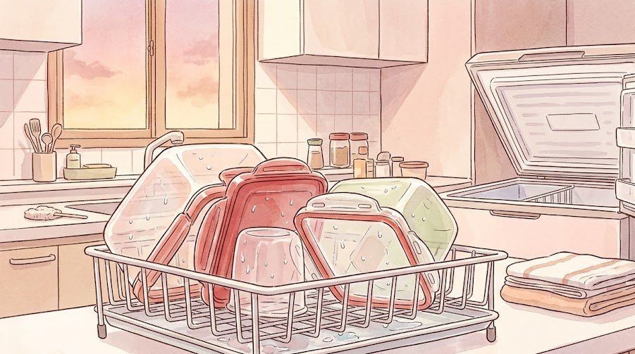 조리대 건조대에 씻은 김치통과 뚜껑이 엎어져 물기를 빼고, 뒤로 뚜껑을 열어 말리는 김치냉장고와 접힌 마른 수건이 보이는 수채화 일러스트