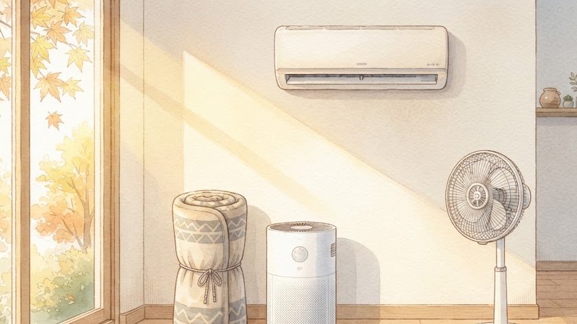 가을 햇살이 드는 거실 바닥에 전기장판이 둥글게 말려 있고 옆에 공기청정기와 선풍기가 놓인 수채화 일러스트