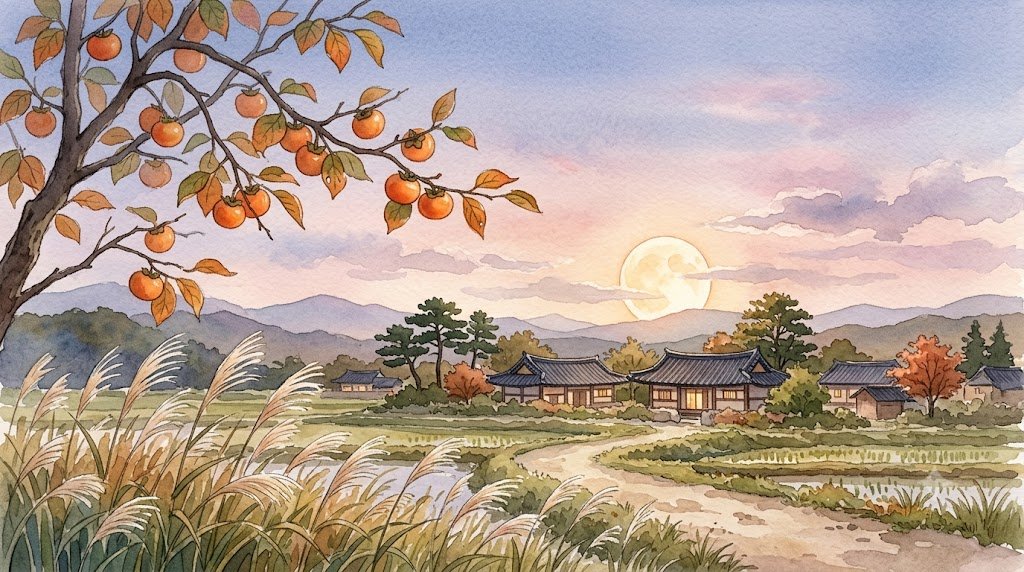 해 질 녘 시골 마을 기와지붕 너머 동쪽 하늘에 떠오르는 둥근 보름달과 감나무, 억새를 그린 수채화